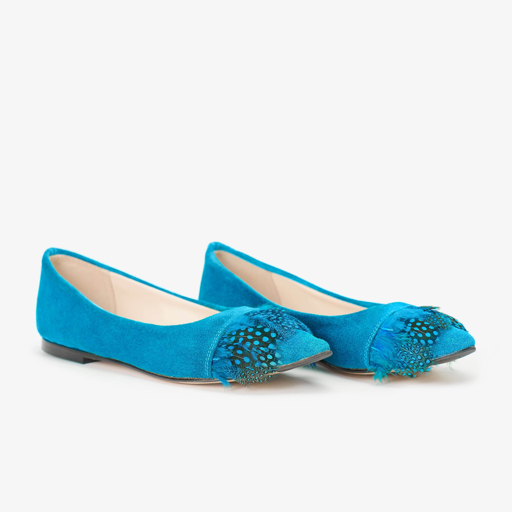 Turquoise Suede Shoes with Peacock Feather