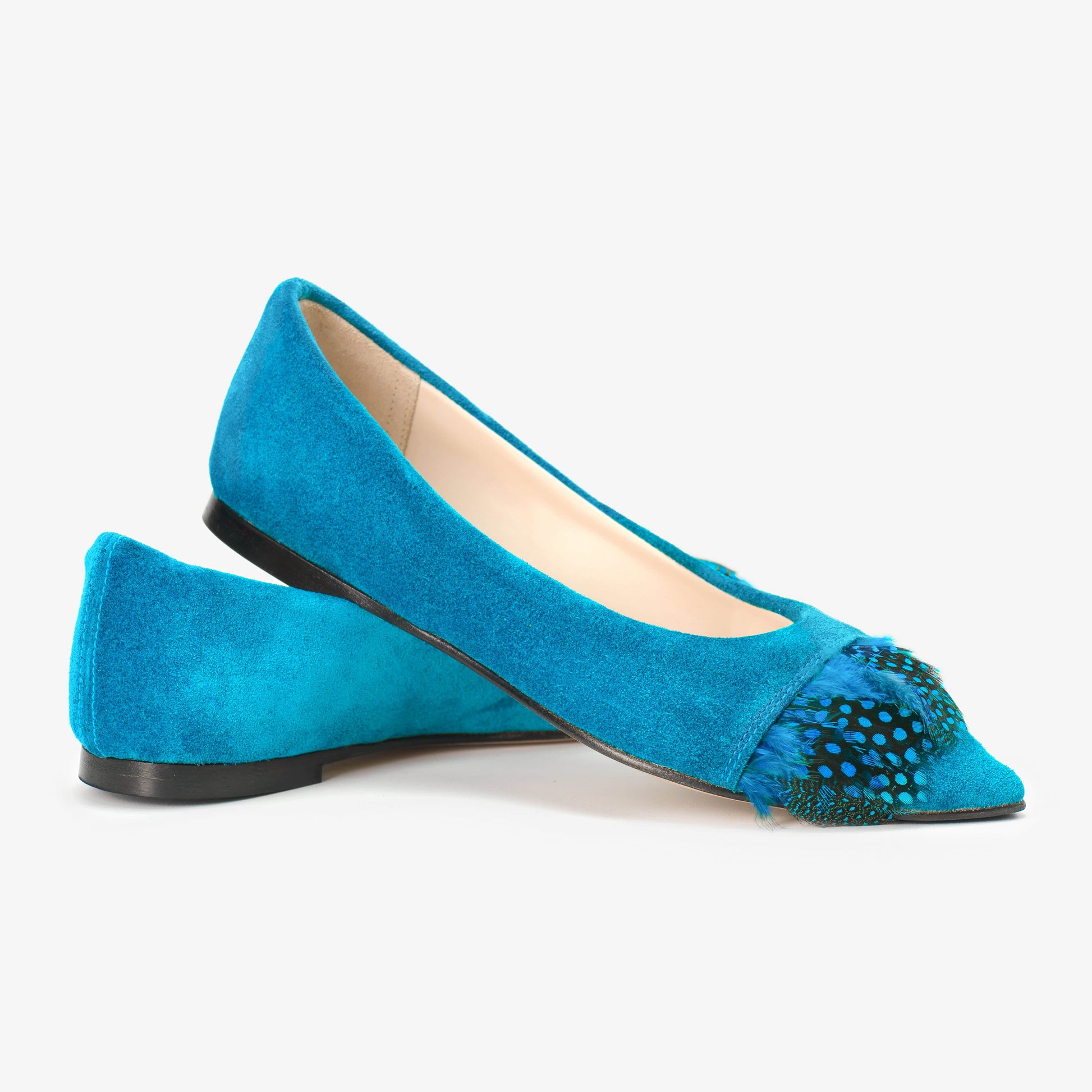 Turquoise Suede Shoes with Peacock Feather