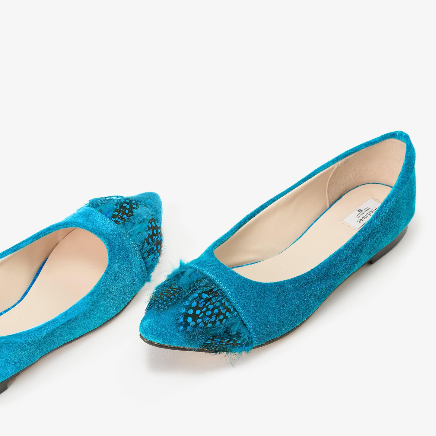 Turquoise Suede Shoes with Peacock Feather